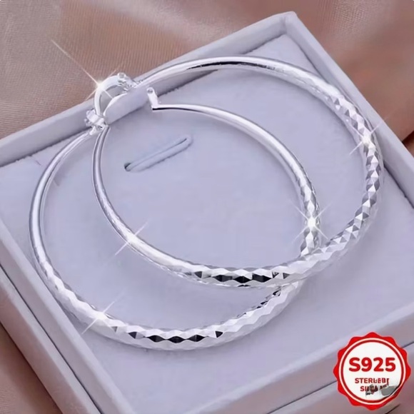 925 Sterling Silver Jewelry - S925 Sterling Silver Diamond-Cut Hoop Earrings | 2” Classic Hoops